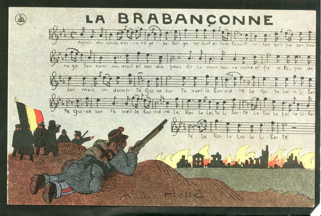 Ansichtkaart, satirisch in kleuren, circa 1915: La brabanconne - Oorlog van 14 -18, België, Zang - Soldaten Illustratie door Andre Helle (1875-1945) door Andre Helle