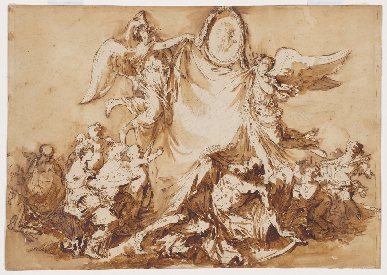 Een allegorie van de kunsten die de tijd overwinnen, bekroond door een medaillonportret van koning Stanislaw August van Polen als beschermheer van de kunsten door Andre Jean Lebrun