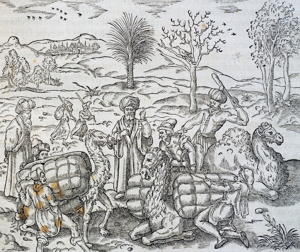 Arabische kooplieden in Syrië, gravure uit Universal Cosmology door Andre Thevet