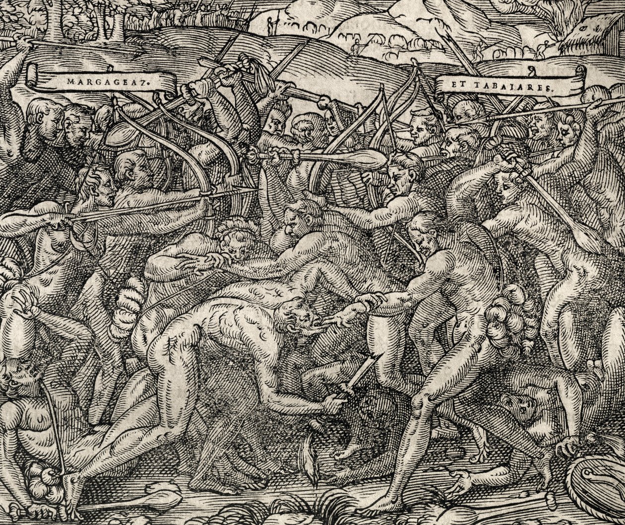Slag tussen Margageaz en Tabajares stammen (gravure) door Andre Thevet