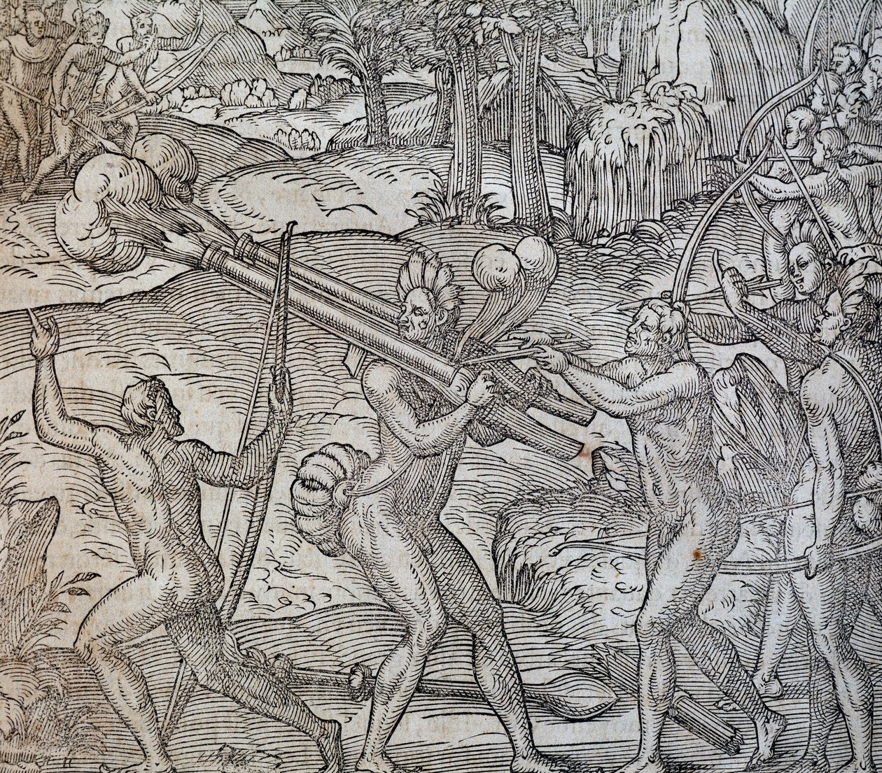 Slag tussen inboorlingen in Canada, gravure uit Cosmographie Universelle door Andre Thevet