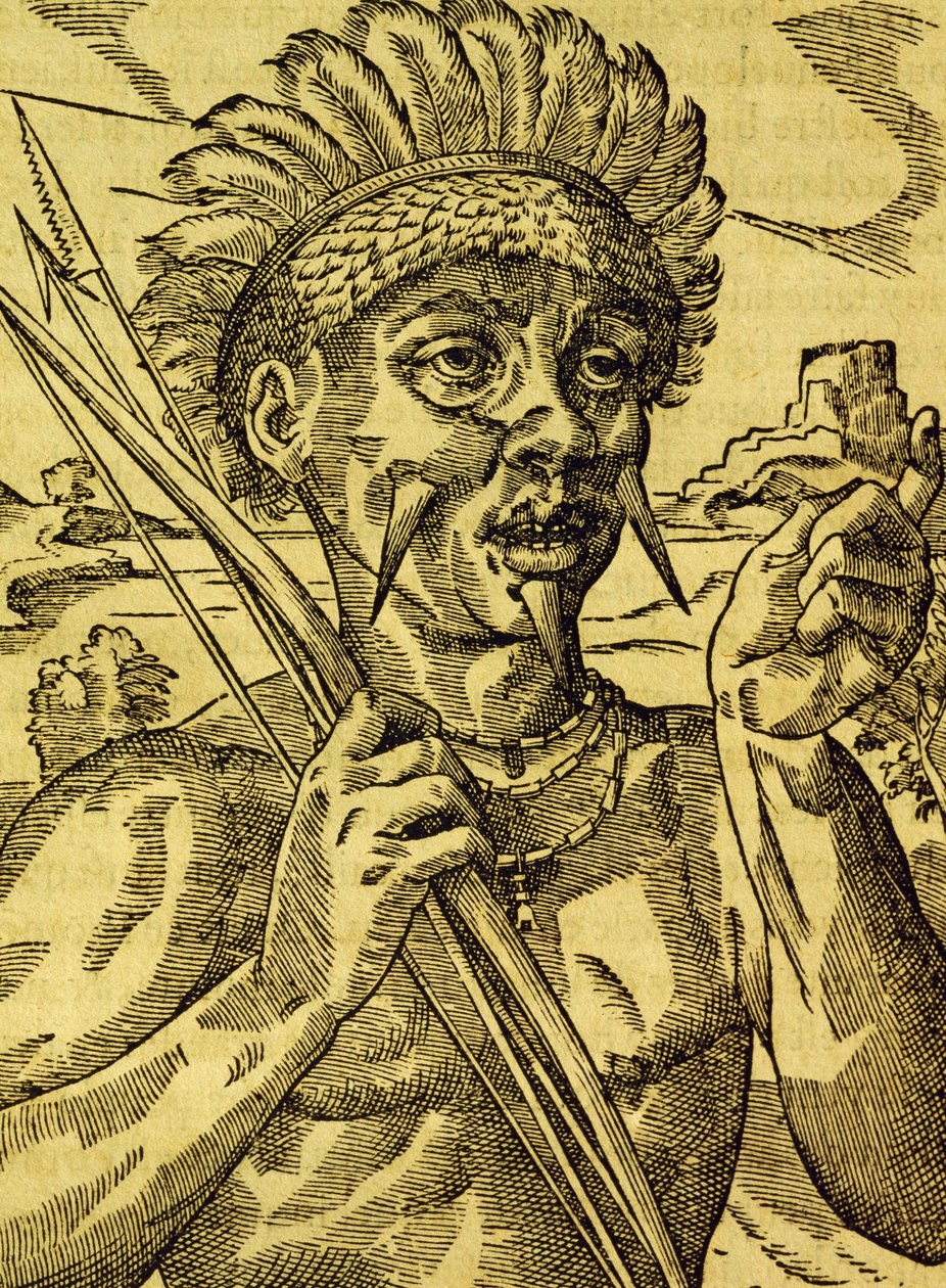 Hoofd van stam van kannibalen, gravure uit Universele Kosmologie, door Andre Thevet, Parijs door Andre Thevet