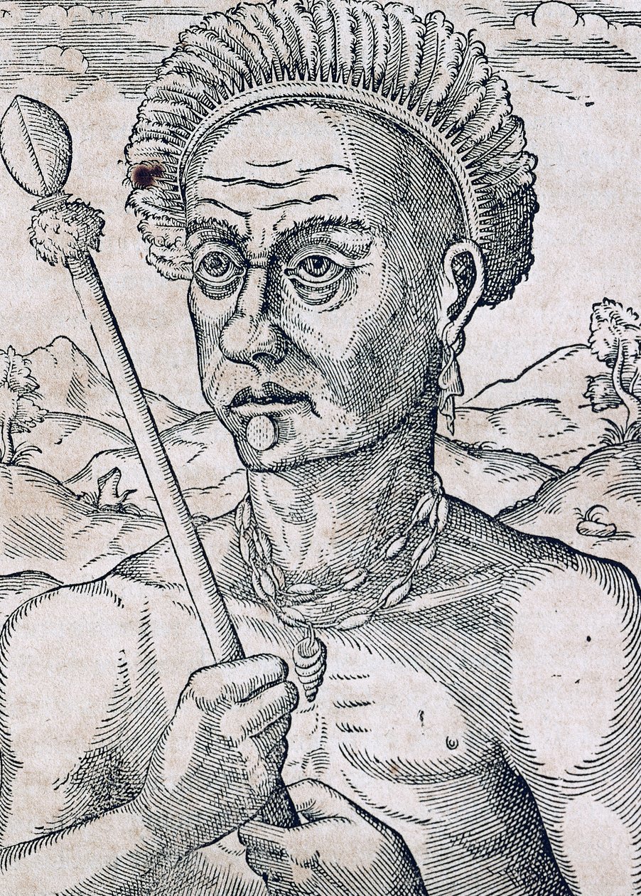 Koning Quoniambec, Brazilië (gravure) door Andre Thevet
