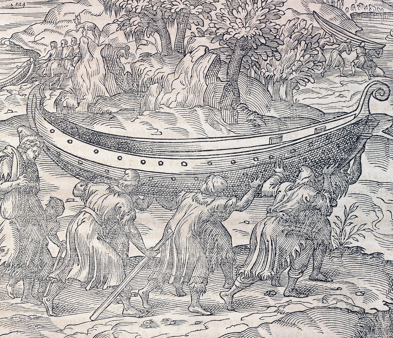 Lappen dragen hun boten van de ene plaats naar de andere, gravure uit Universal Cosmology, door Andre Thevet, Parijs door Andre Thevet