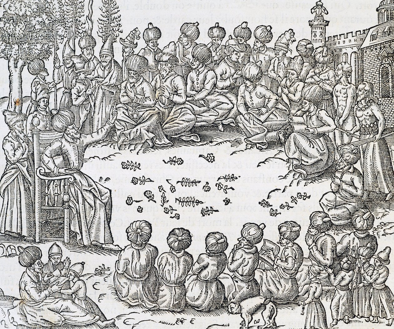 Ontmoeting tussen Turken en Arabieren, Marokko, gravure uit Universal Cosmology, door Andre Thevet, Parijs door Andre Thevet