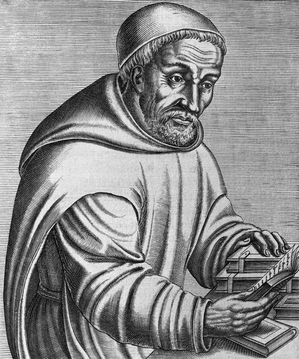 Portret van Rabanus Maurus Magnentius (gestorven 856), Duitse Benedictijnse monnik en theoloog, gravure uit Les vrais pourtraits et vies des hommes illustres grecz, latins et payens, door Andre Thevet door Andre Thevet