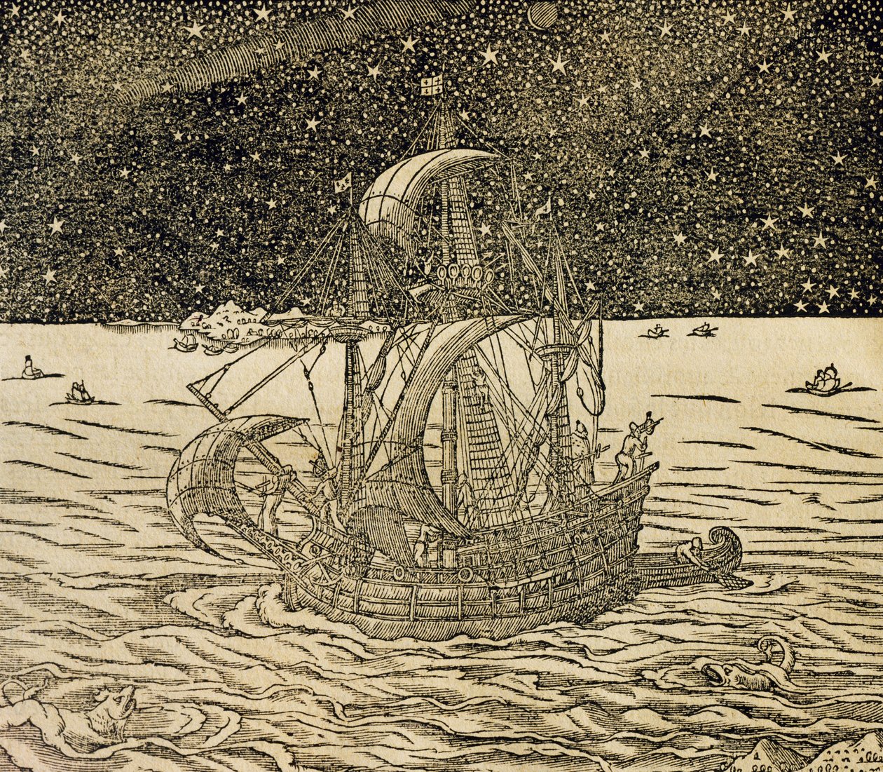 Zeelieden die de noordelijke route volgen, gravure uit Universele Kosmologie, door Andre Thevet, Parijs door Andre Thevet