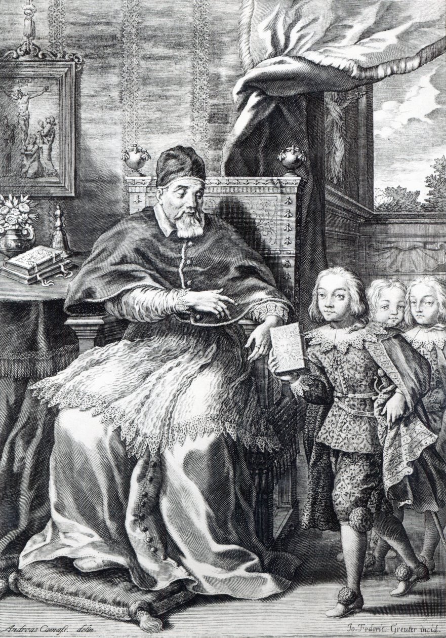 Paus Urbanus VIII met zijn neven, gegraveerd door Johann Friedrich Greuter door Andrea Camassei