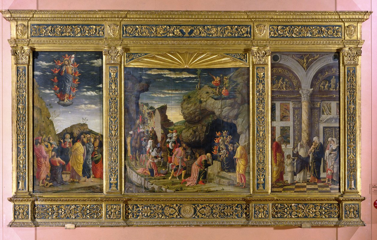 Altaarstuk met de Hemelvaart, de Aanbidding der Wijzen en de Besnijdenis door Andrea Mantegna