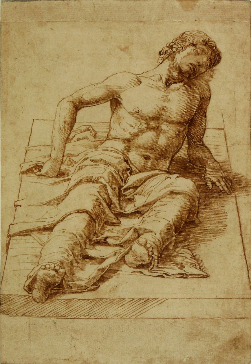 Man liggend op een stenen plaat door Andrea Mantegna