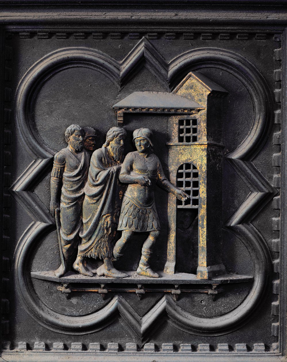 De opsluiting van Johannes de Doper, twaalfde paneel van de zuidelijke deuren van de Baptisterium van San Giovanni, 1336 door Andrea Pisano