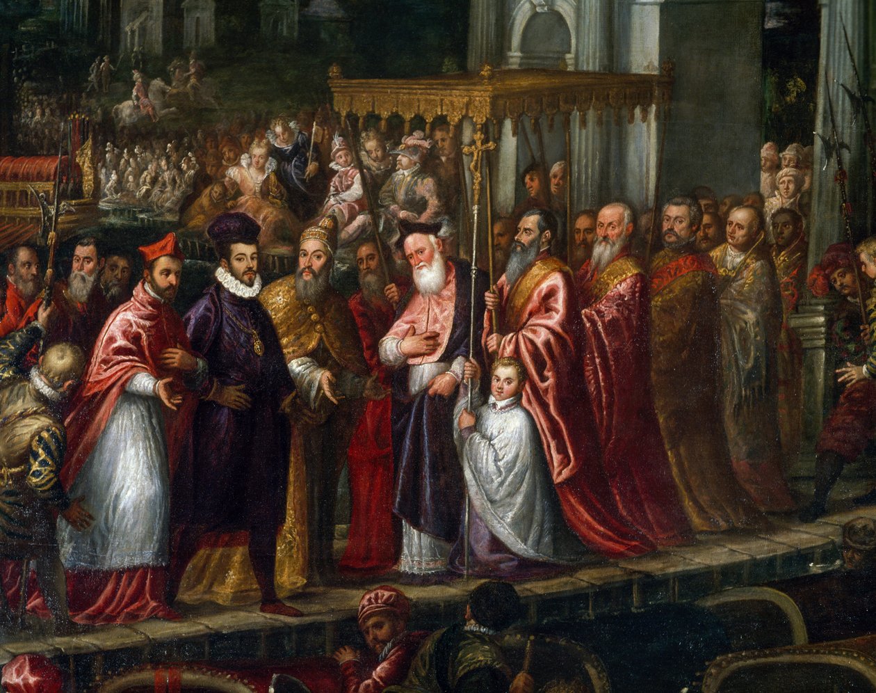 Doge Mocenigo en Patriarch Trevisan verwelkomen Hendrik III op de Lido in 1574 door Andrea Vicentino