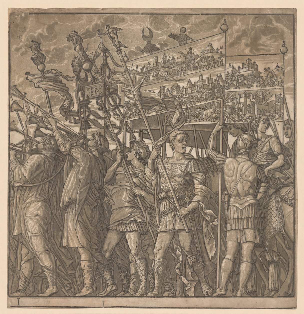 De triomf van Julius Caesar: Soldaten dragen de afbeeldingen van oorlog, 1593-99 door Andrea Andreani
