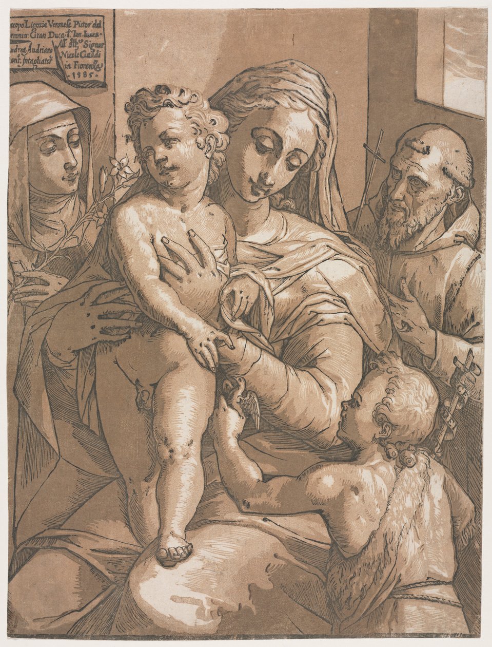 Maagd en kind met St. Johannes, St. Catharina van Siena en St. Franciscus, 1585 door Andrea Andreani