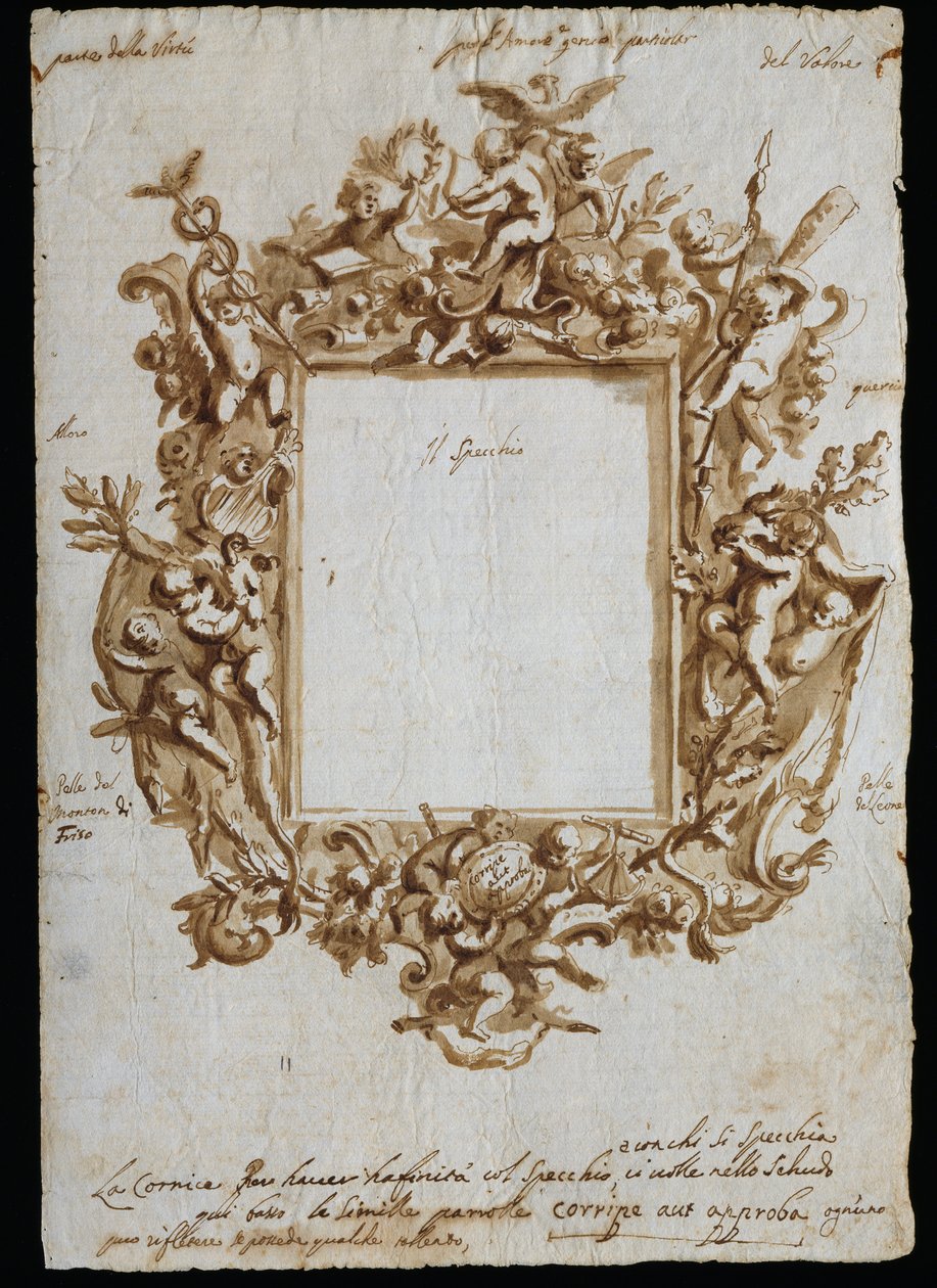 Orthogonale tekening voor allegorisch kader door Andrea Brustolon