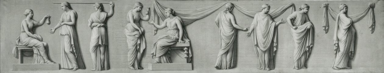 Een grisaille paneel met een vrouwelijke processie met tranenflessen door Andrea Casali