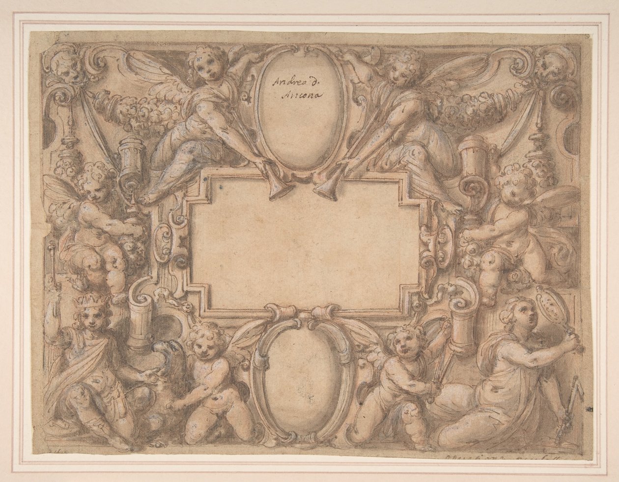 Een cartouche en twee schilden omringd door allegorische figuren, 1570-1631 door Andrea Lilli