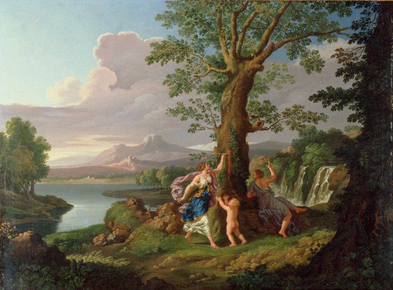 Rivierlandschap met een nimf die een tak van een bloedende boom plukt door Andrea Locatelli