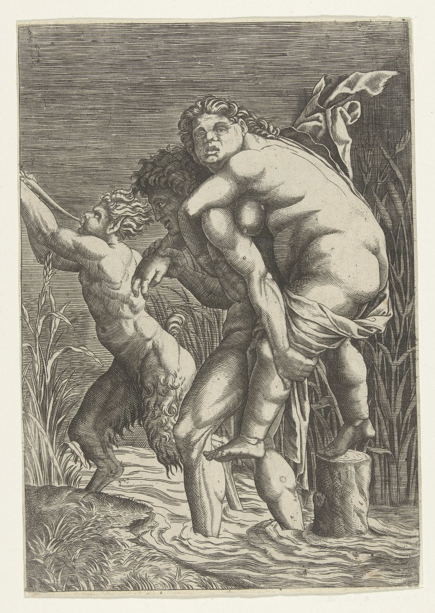 Man draagt vrouw op zijn rug en een satyr door Andrea Mantegna (school of)