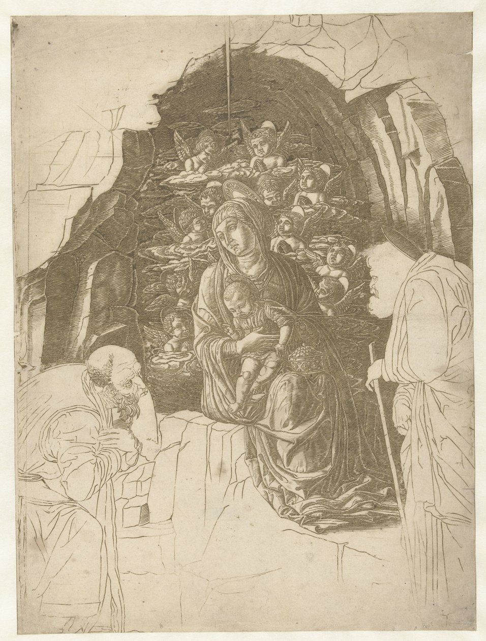 Maria met kind omgeven door engelen in grot met Jozef en koning in aanbidding door Andrea Mantegna (school of)