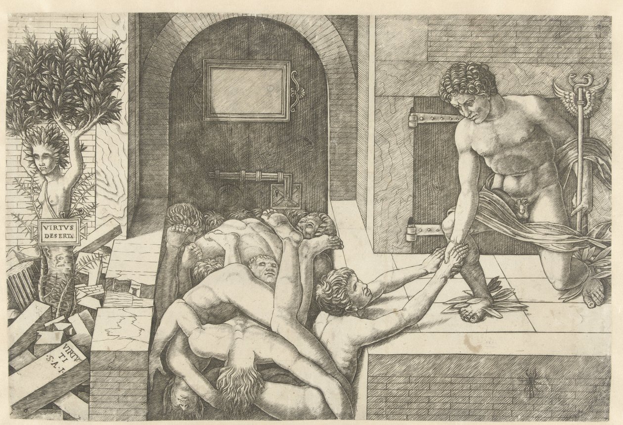 Mercurius als personificatie van Deugd red zielen bij voorgeborchte en Daphne verandert in boom door Andrea Mantegna (school of)