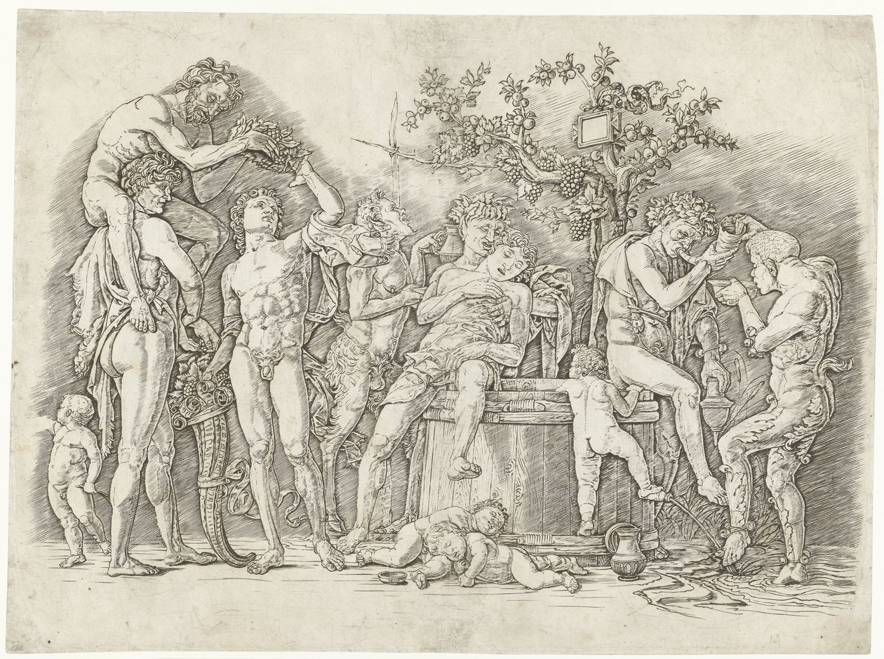 Bacchanaal met satyrs en bacchanten bij wijnpers door Andrea Mantegna