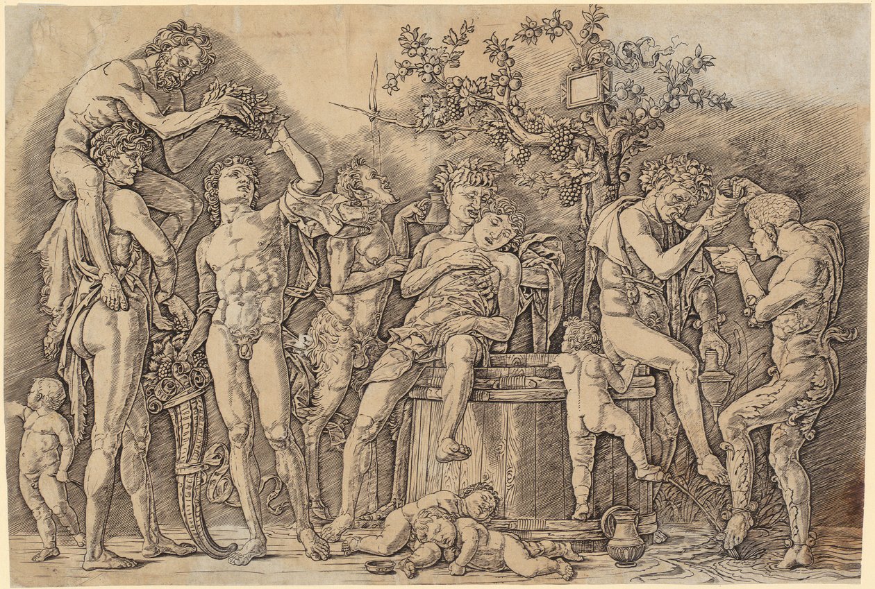 Bacchanal mit einem Weinfass door Andrea Mantegna