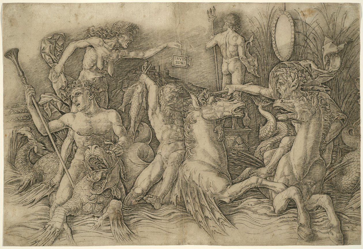 Slag van Zeegoden, Linkerhelft van een Fries door Andrea Mantegna