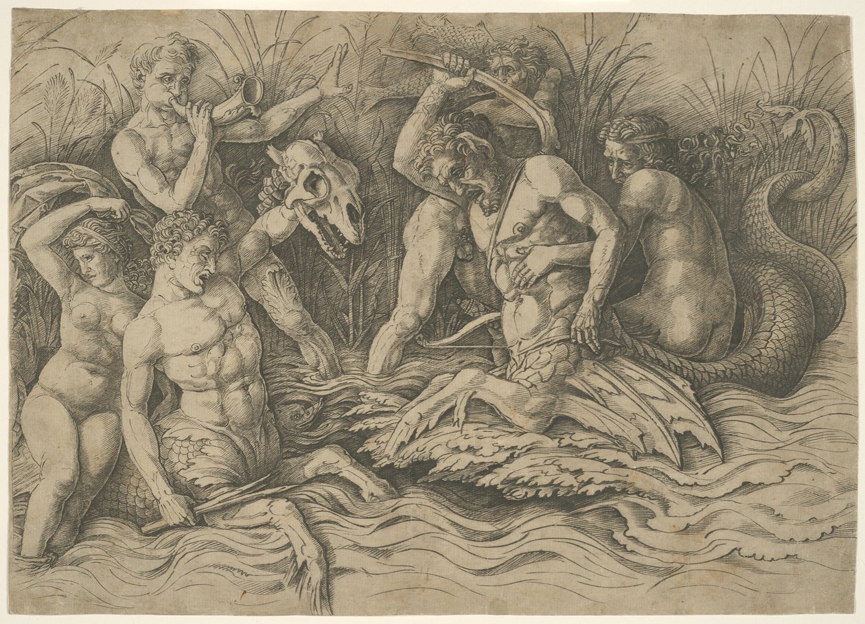 Slag van de zeegoden: Rechterhelft van een fries door Andrea Mantegna