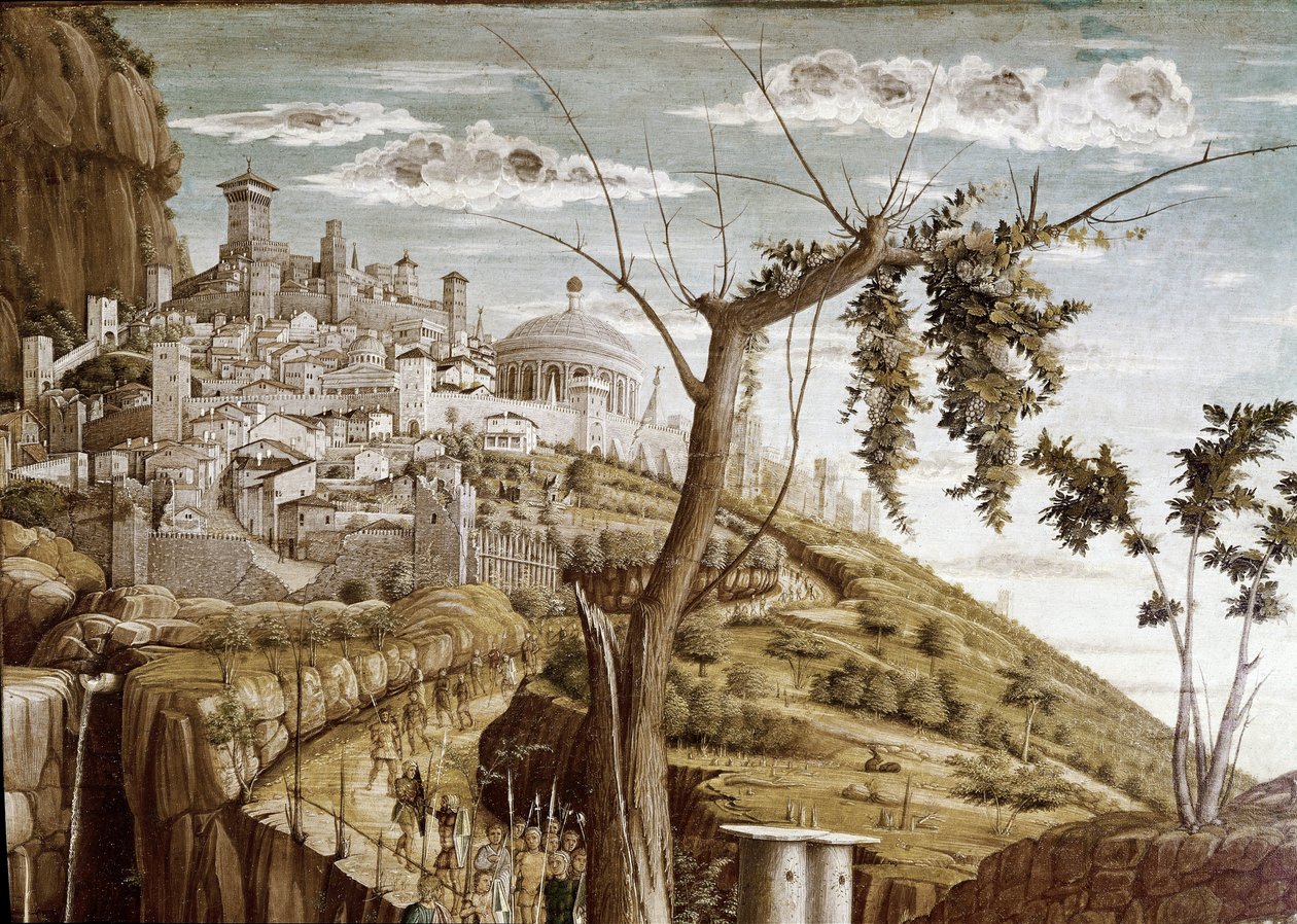 Christus biddend in de tuin van olijfbomen, linker deel van de predelle, Altaarstuk van San Zeno door Andrea Mantegna