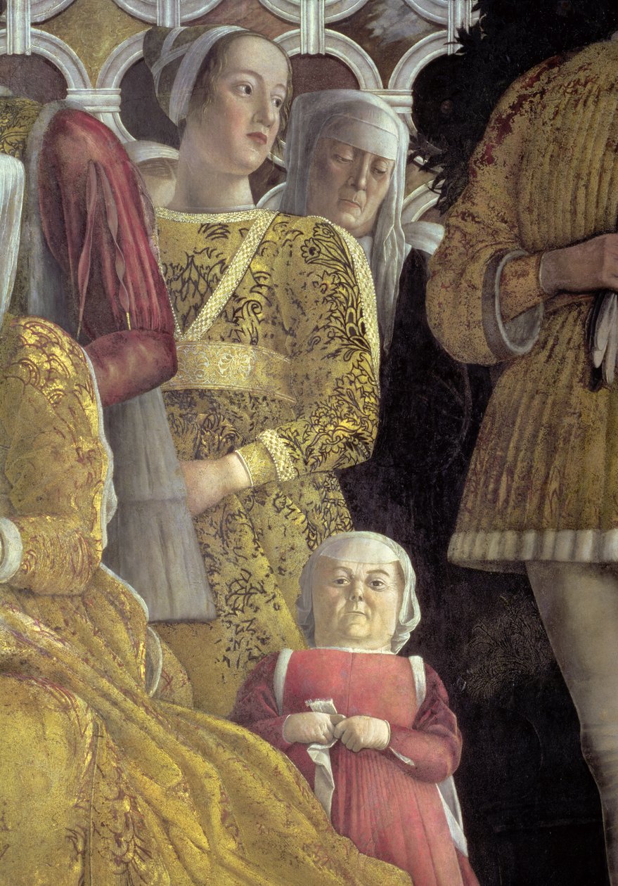 Dwerg en andere hovelingen van het groepsportret van de familie en het hof van Marchese Ludovico Gonzaga III van Mantua (detail) door Andrea Mantegna