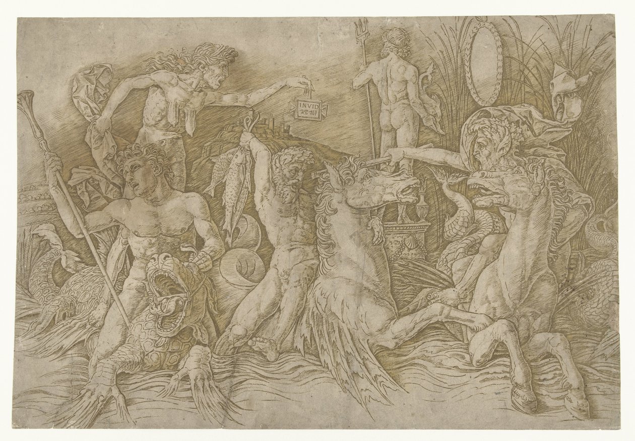 Gevecht tussen satyrs rijdend op hippocampussen en oude vrouw als personificatie van afgunst staand op rug van draak door Andrea Mantegna