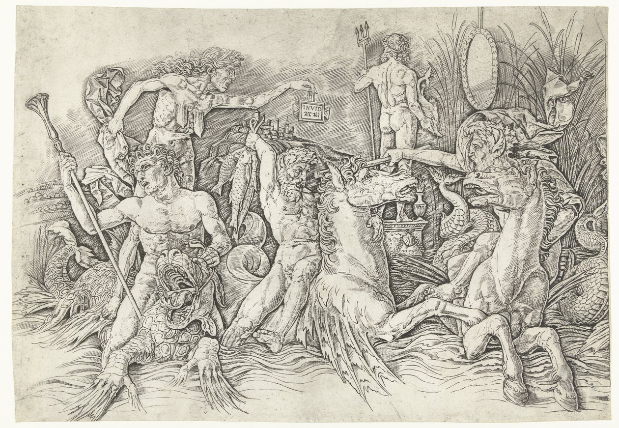 Gevecht tussen satyrs rijdend op hippocampussen en oude vrouw als personificatie van afgunst staand op rug van draak door Andrea Mantegna