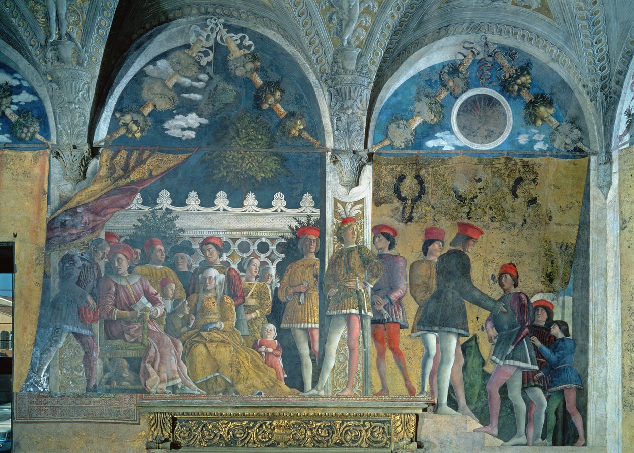 Markies Ludovico Gonzaga III, zijn vrouw Barbara van Brandenburg, hun kinderen, hovelingen en hun hond Rubino, uit de Camera degli Sposi of Camera Picta, 1465-74 door Andrea Mantegna