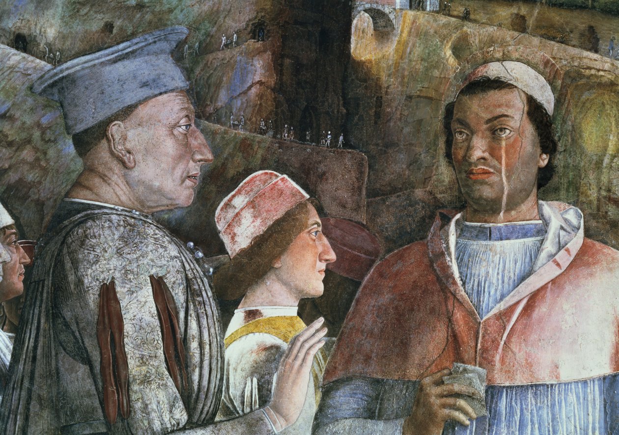 Marchese Ludovico Gonzaga III van Mantua begroet zijn zoon Kardinaal Francesco Gonzaga (detail) door Andrea Mantegna
