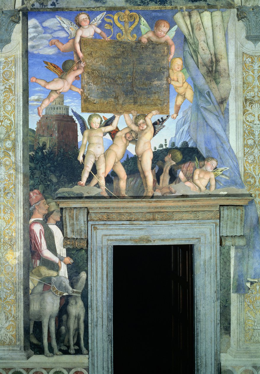 Putti met vlindervleugels die de dedicatieplaat ondersteunen, met jachthonden en hun begeleiders (detail) door Andrea Mantegna