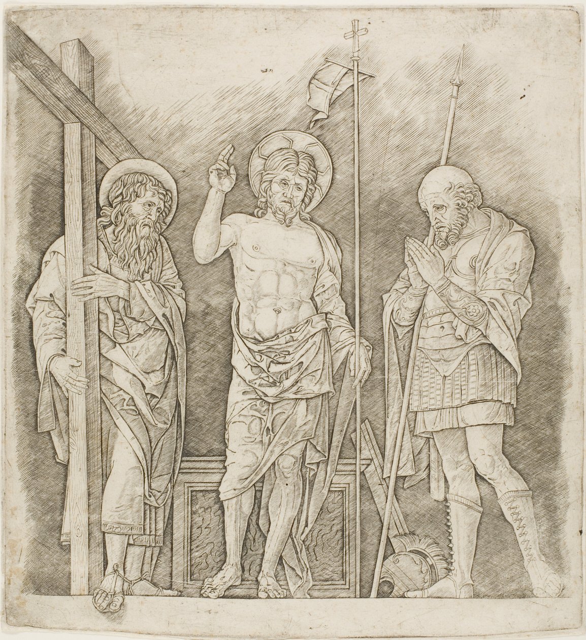 Verrezen Christus tussen de heiligen Andreas en Longinus door Andrea Mantegna