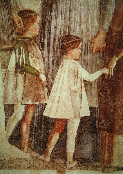 De aankomst van kardinaal Francesco Gonzaga, begroet door zijn vader Marchese Ludovico Gonzaga III en zijn broers, detail van de Gonzague kinderen, ca. 1465-74 (detail) door Andrea Mantegna
