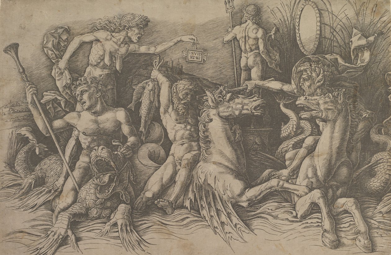De Slag van de Zeegoden (linker gedeelte van een fries) door Andrea Mantegna
