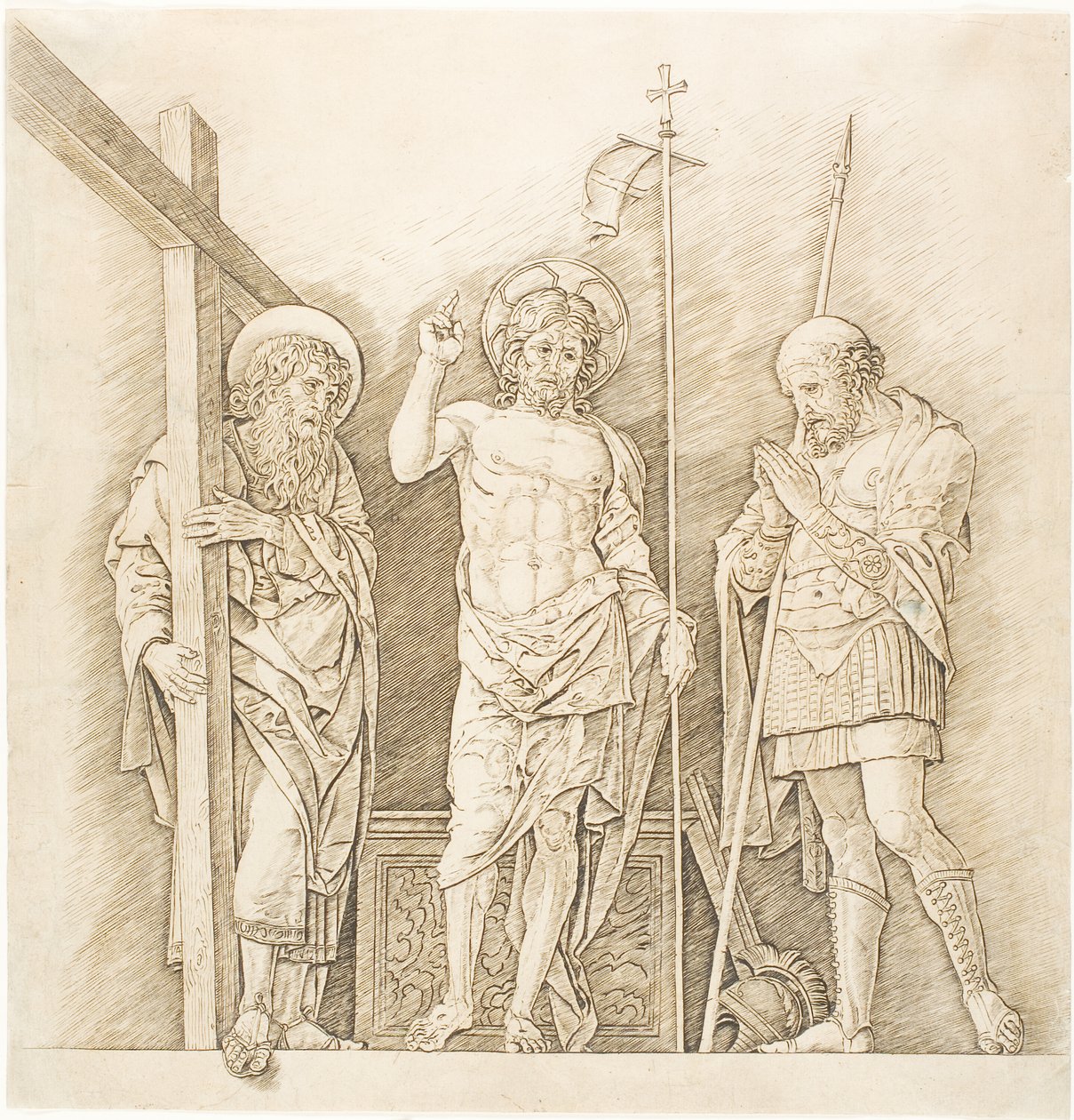 De Verrezen Christus tussen de heiligen Andreas en Longinus door Andrea Mantegna