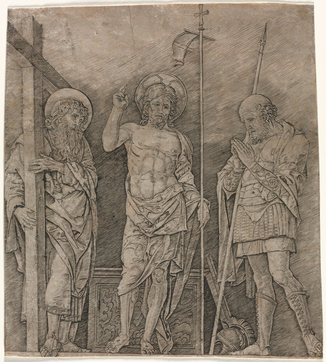 De verrezen Christus tussen St. Andreas en Longinus door Andrea Mantegna