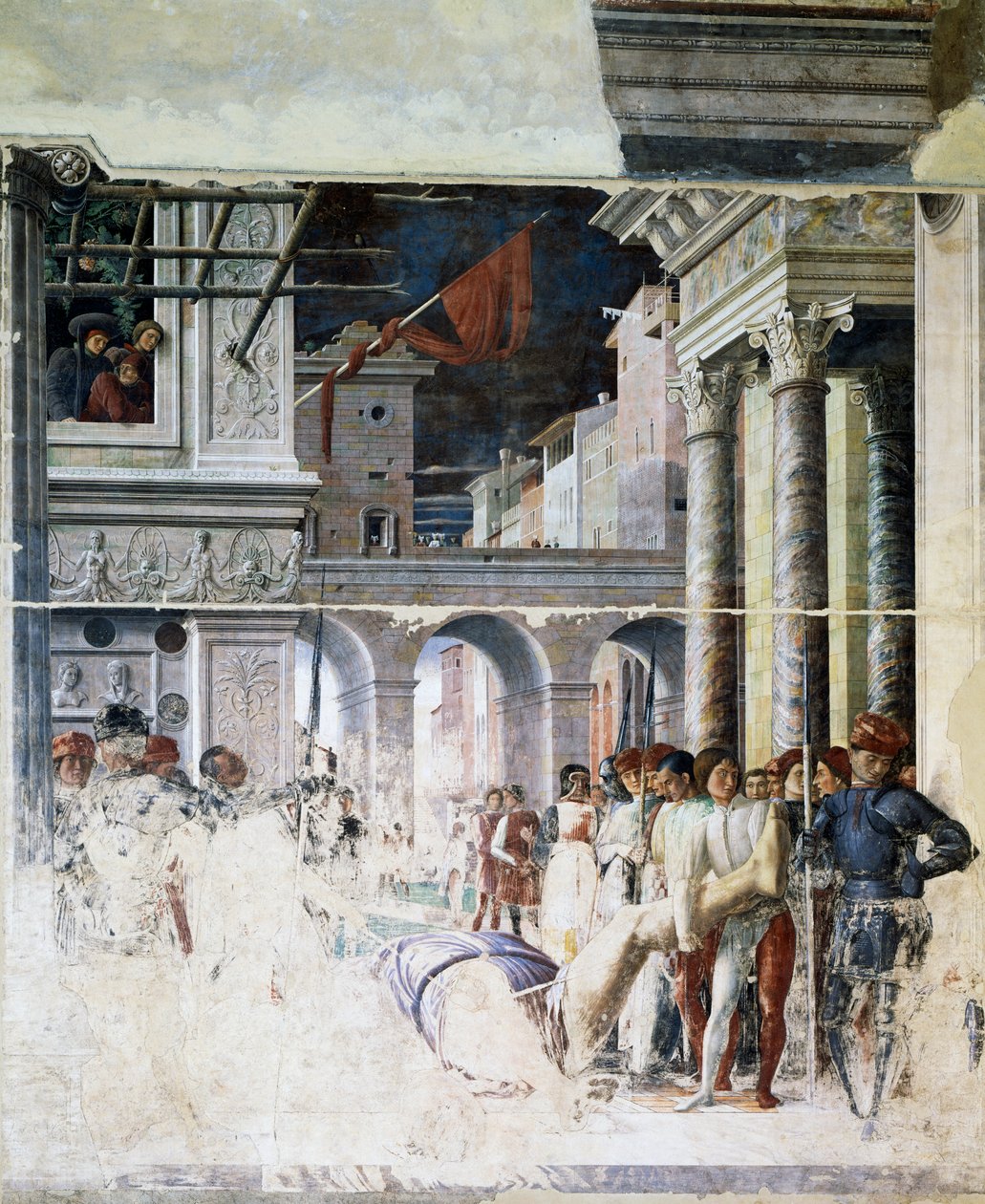Transport van het onthoofde lichaam van Sint Christoffel, detail uit Martelaarschap van Sint Christoffel door Andrea Mantegna