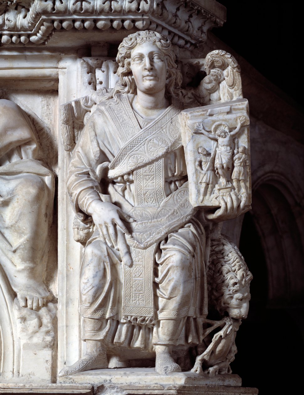 Gotische kunst: De aartsengel Michaël met een tablet met kruisiging door Andrea Pisano