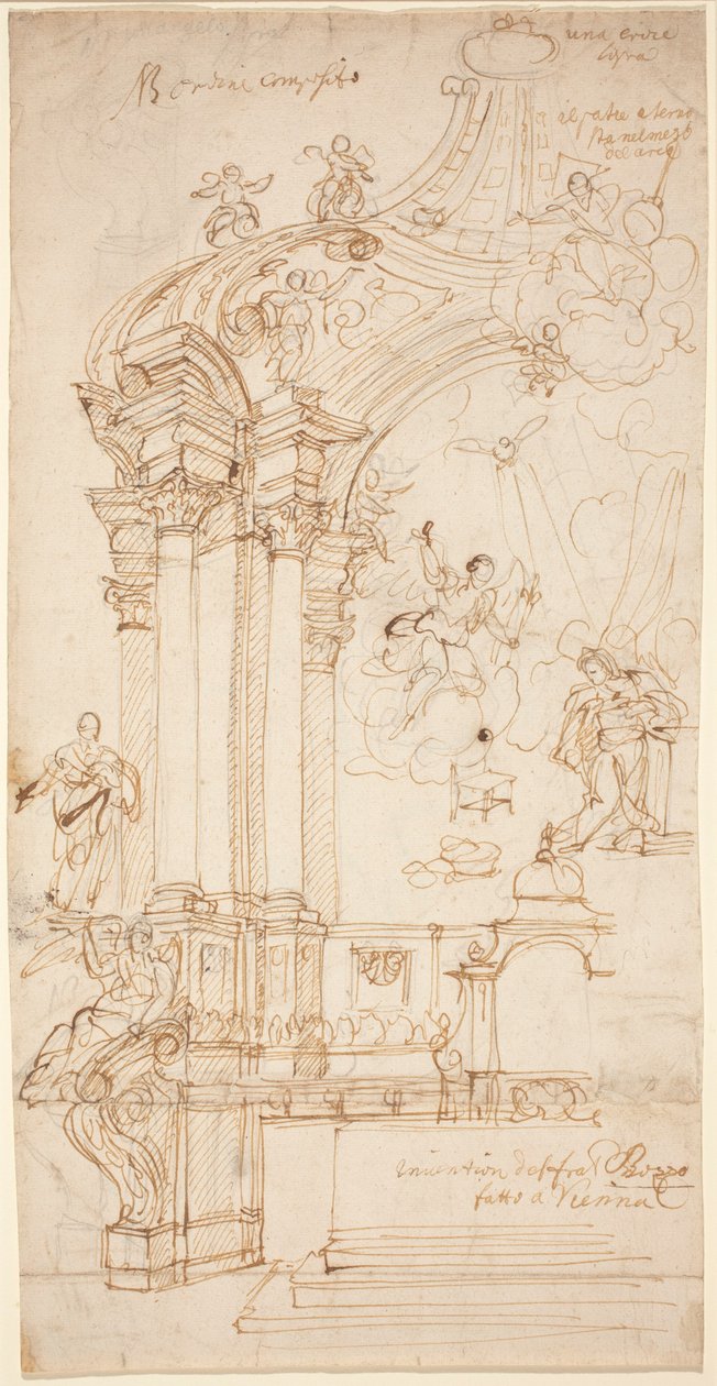 Een Baldachin met een schilderij van de Annunciatie, c.1708 of later (pentekening) door Andrea Pozzo