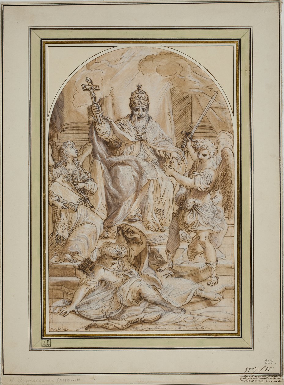 Een paus op de troon geflankeerd door een engel met een boek en Sint-Michiel die een Turk doodt door Andrea Proccaccini