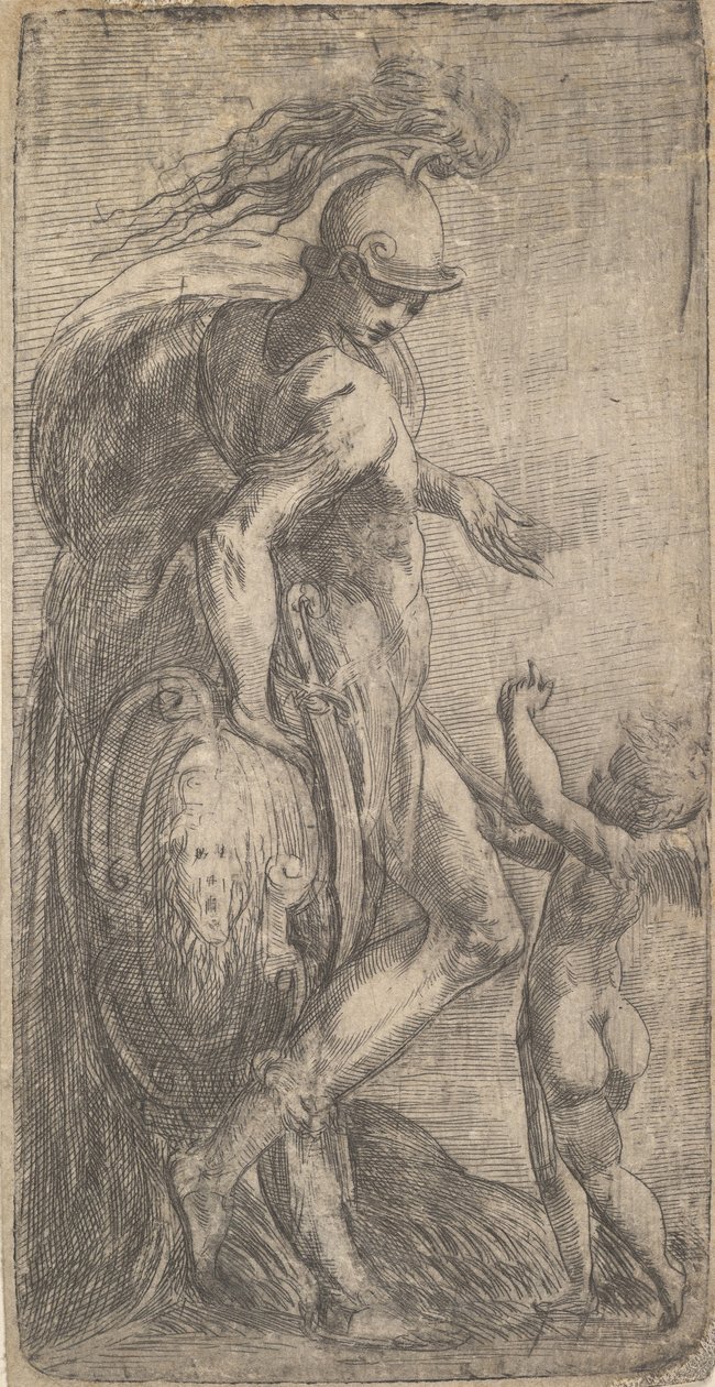 Mars staand links leunend op een schild, Cupido rechts, ca. 1542-46 door Andrea Schiavone