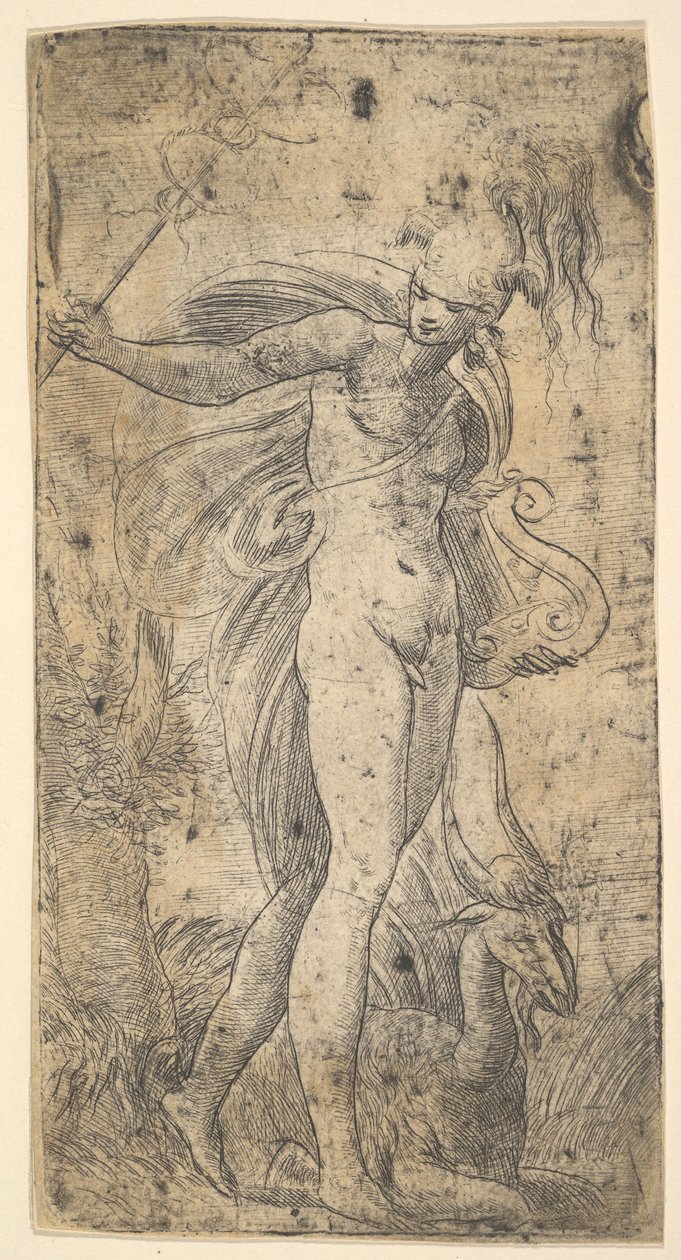 Mercurius staande met een caduceus in zijn rechterhand, een lier in zijn linkerhand door Andrea Schiavone