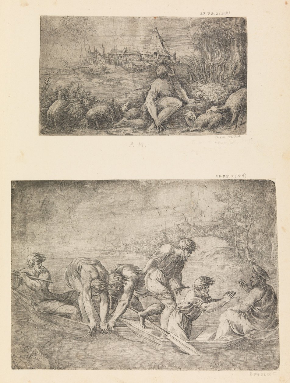 Mozes en de Brandende Braamstruik, de Wonderbaarlijke Visvangst, ca. 1544-48 door Andrea Schiavone