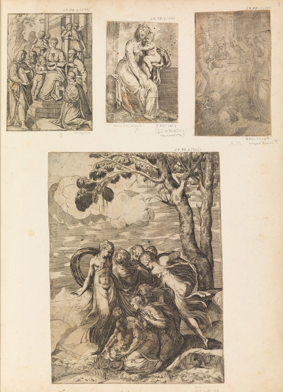 Maagd en Kind, de Besnijdenis, Mozes gered uit de Nijl, ca. 1542-46 door Andrea Schiavone