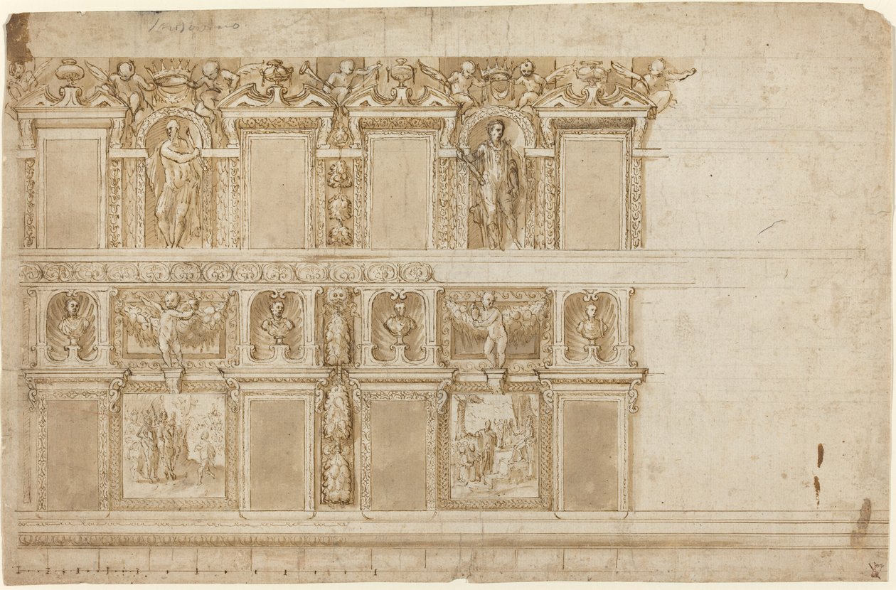 Een Paleismuur Versierd met Beelden en Schilderijen door Andrea Semino